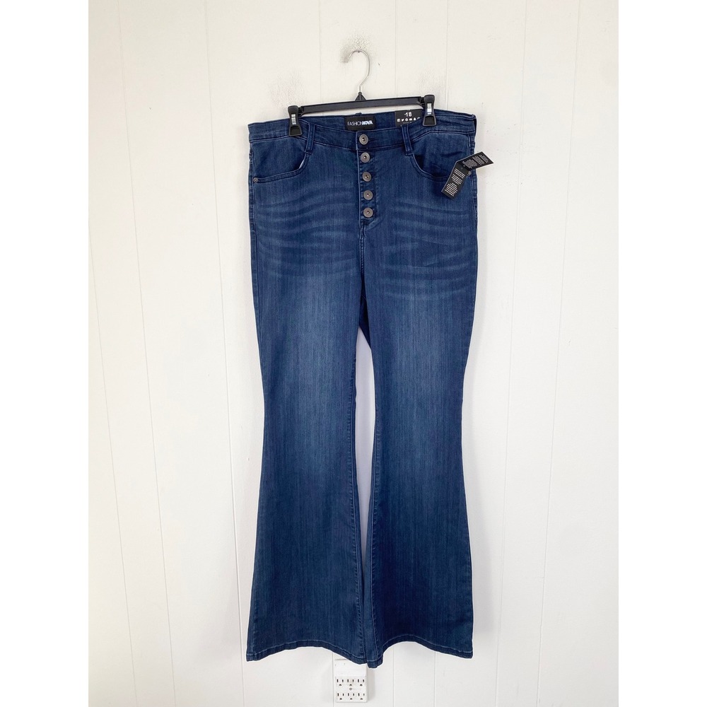 Fashion Nova All Flared Up Jeans Dark Wash Button Fly Flare Leg Size 18 NWT